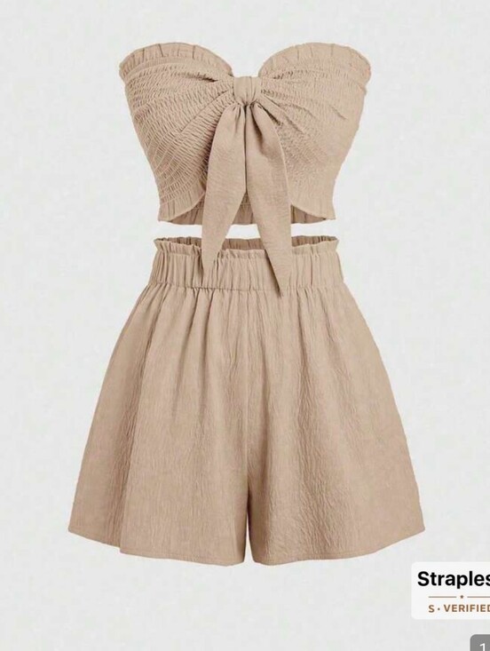 SHEIN Tops - SHEIN Beige 2 Piece Crop Top And Shorts Set